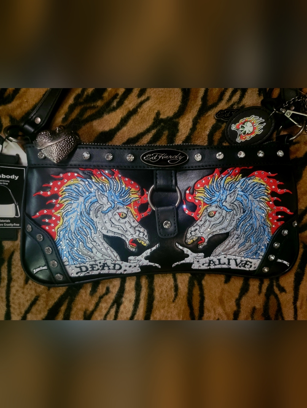 Ed Hardy Black Leather Shoulder Bag with Colorful Embroidered Horses Ea.